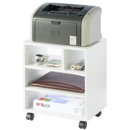 Basicwise Wooden Office Storage Printer Stand with Wheels, White QI003730.WT